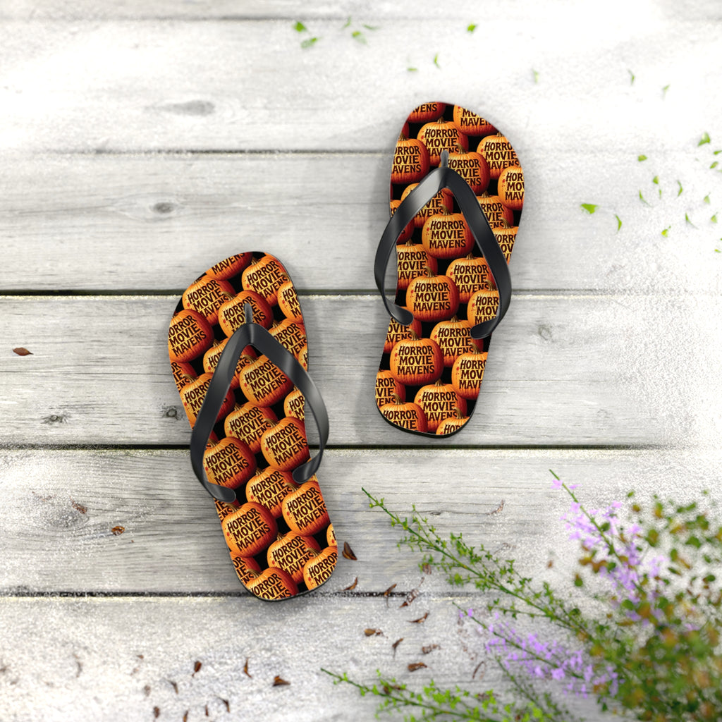 Horror Movie Night Flip Flops — Vintage Pumpkin Logo Beach Sandals