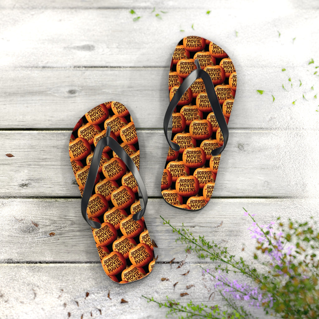 Horror Movie Night Flip Flops — Vintage Pumpkin Logo Beach Sandals