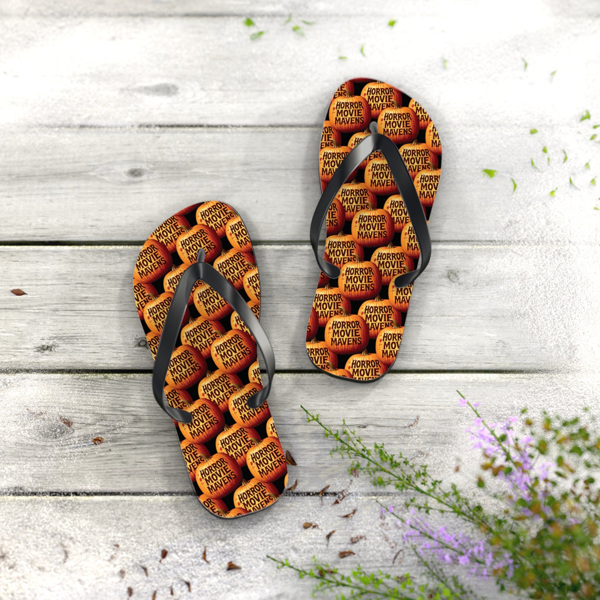 Horror Movie Night Flip Flops — Vintage Pumpkin Logo Beach Sandals