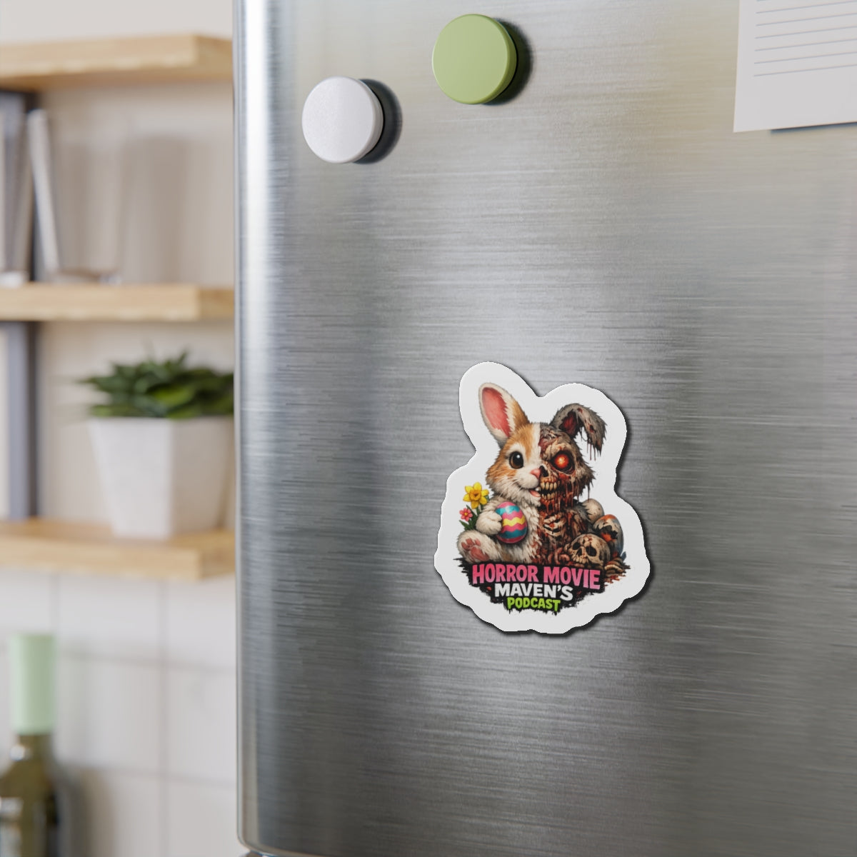 Horror Movie Maven's Podcast Die-Cut Magnet – Cute/Gruesome Bunny Design