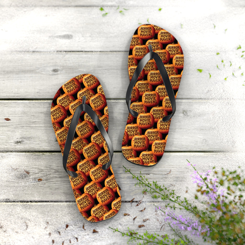 Horror Movie Night Flip Flops — Vintage Pumpkin Logo Beach Sandals