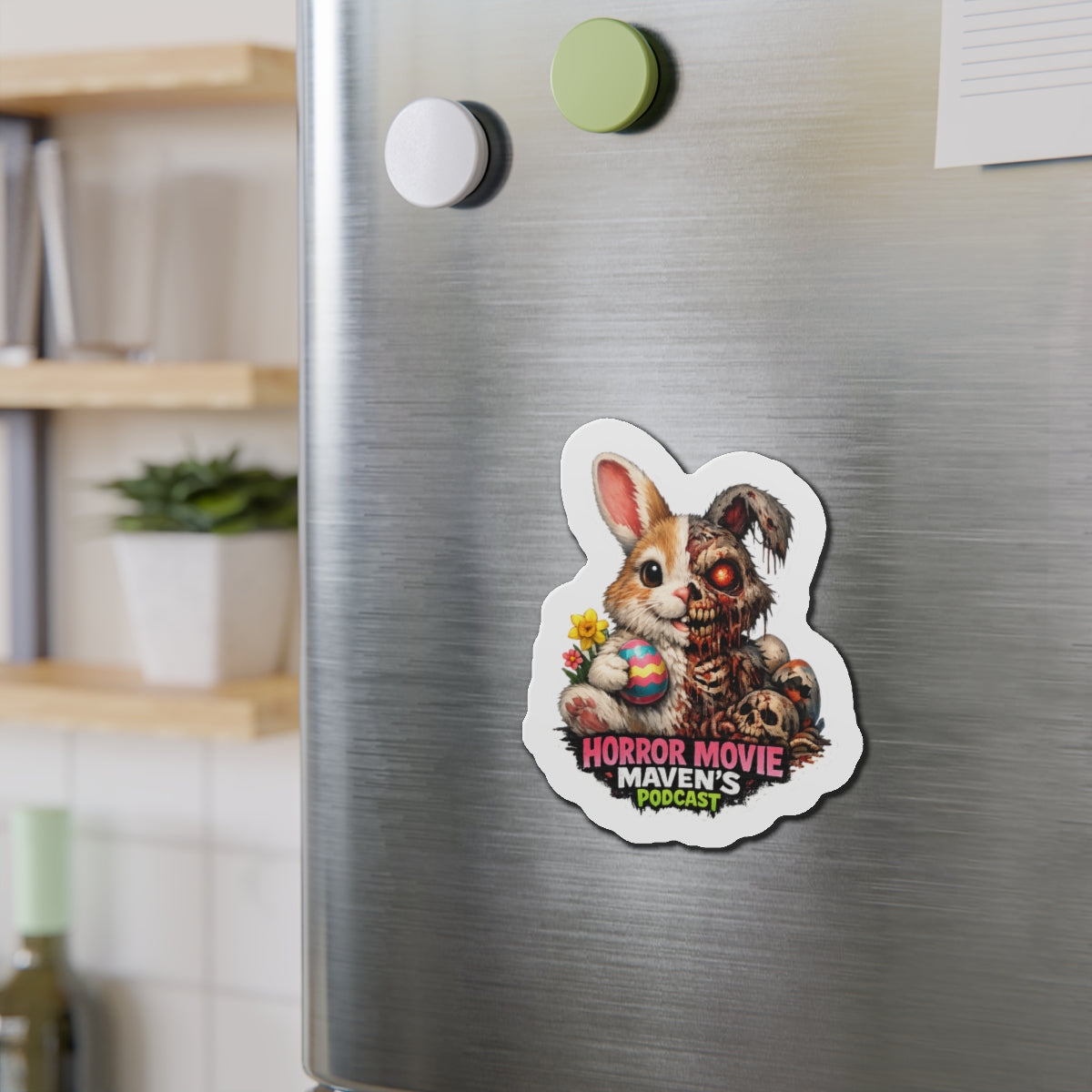 Horror Movie Maven's Podcast Die-Cut Magnet – Cute/Gruesome Bunny Design