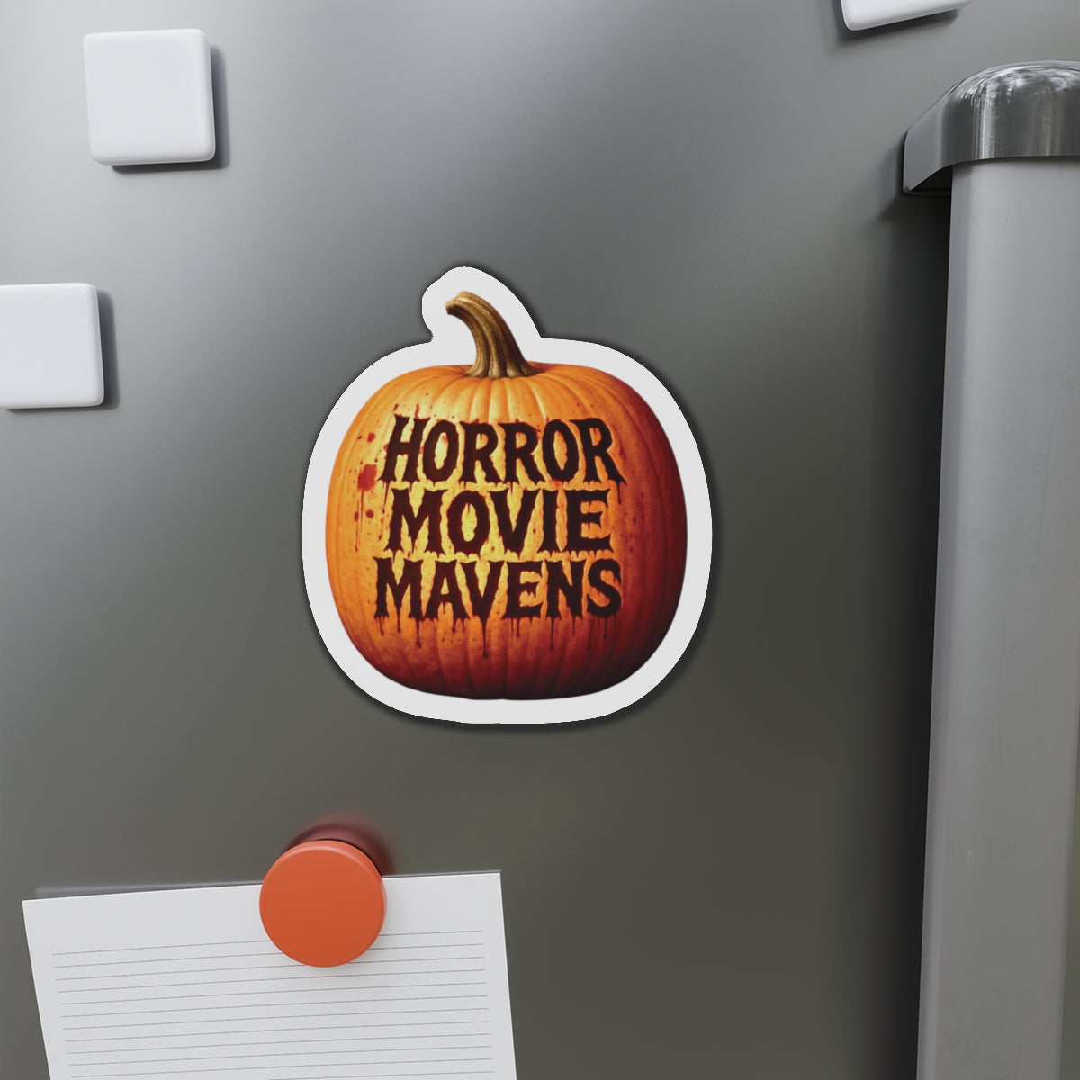 Horror Movie Mavens Pumpkin Die-Cut Magnet — Halloween Fridge Decor